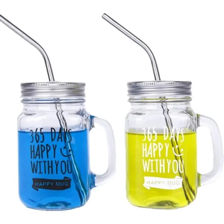 Customizable Stylish Designer Mason Glass Handle Cup Straw Tumbler Glass Tea Infuser Color Cups Glass with Cover