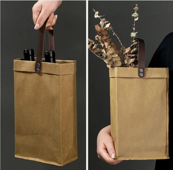 Original Factory Wholesale/Supplier 100% Reusable Kraft Paper Bags with PU Leather Handles,Eco-Friendly Natural Kraft Paper Storage Bag for Packaging Flowers/Wine/Rice/Food