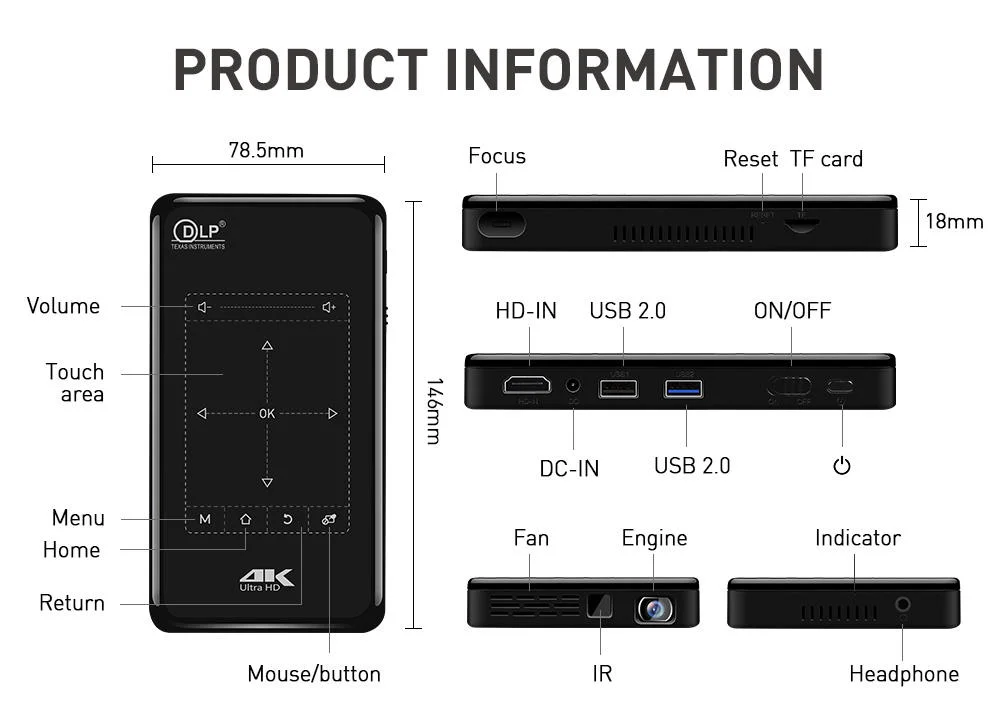 2023 LED جديد بتقنية DLP Mobile Mobile Smart Pocket Ultra HD Portable جهاز عرض بروجيكتور منزلي صغير بنظام المسرح المنزلي بنظام Android، تصوير فيديو بوضوح عال كامل