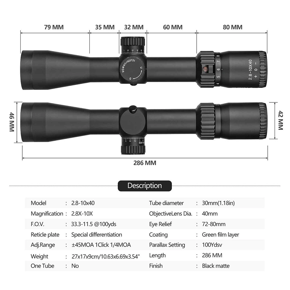 2,8-10X40 Lpvo 30mm tubo capa de película verde aluminio alcance para Caza