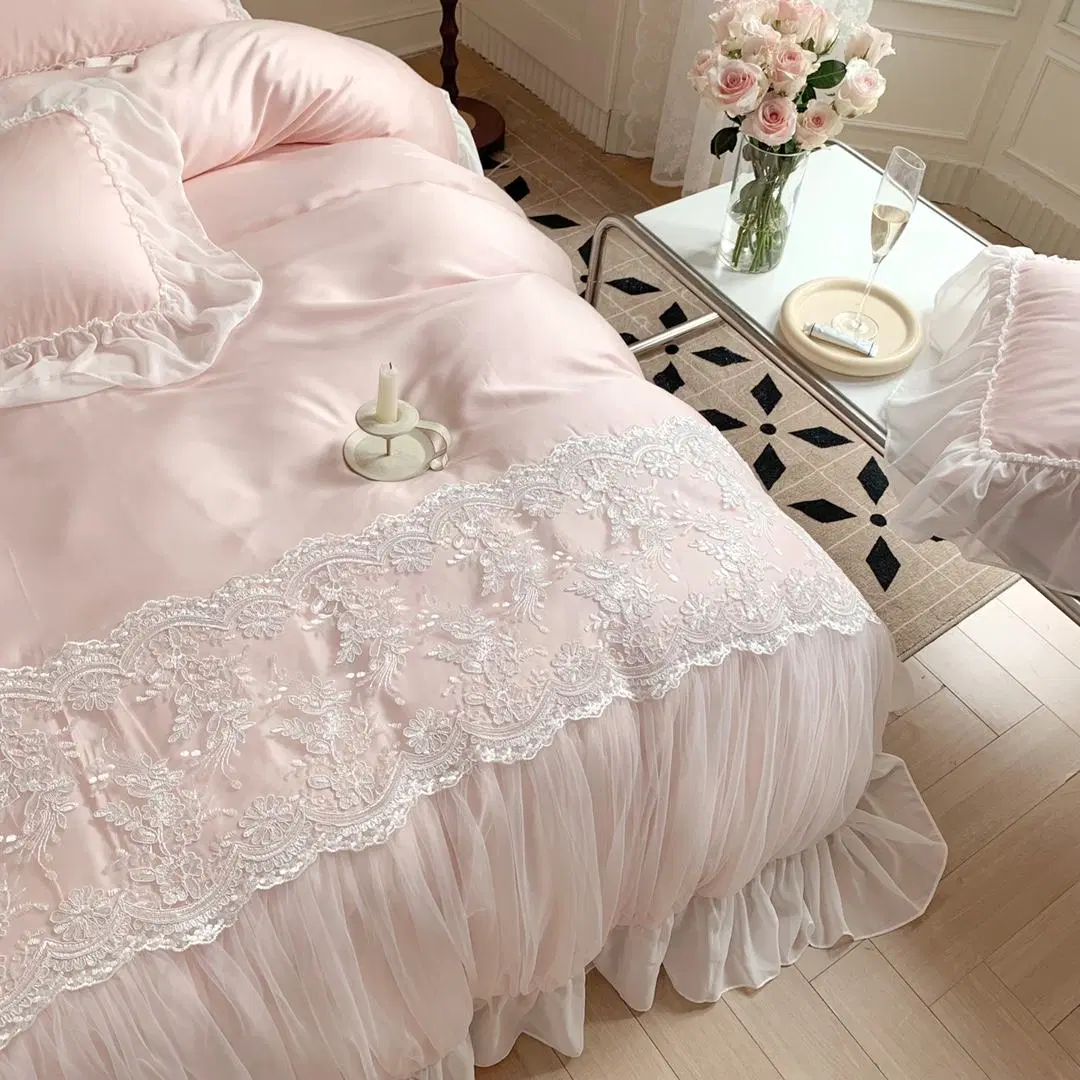 Beauté frais filles lit Queen Size draps luxueux en fibre de lyocell Parure de lit rose en dentelle