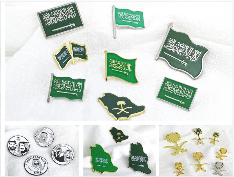 Arabie Saoudite National drapeau tinplate rétractable cadeau promotionnel tissu or Artisanat métallique plaqué argent émail époxy mode libre Design personnalisé Badge de broche de revers