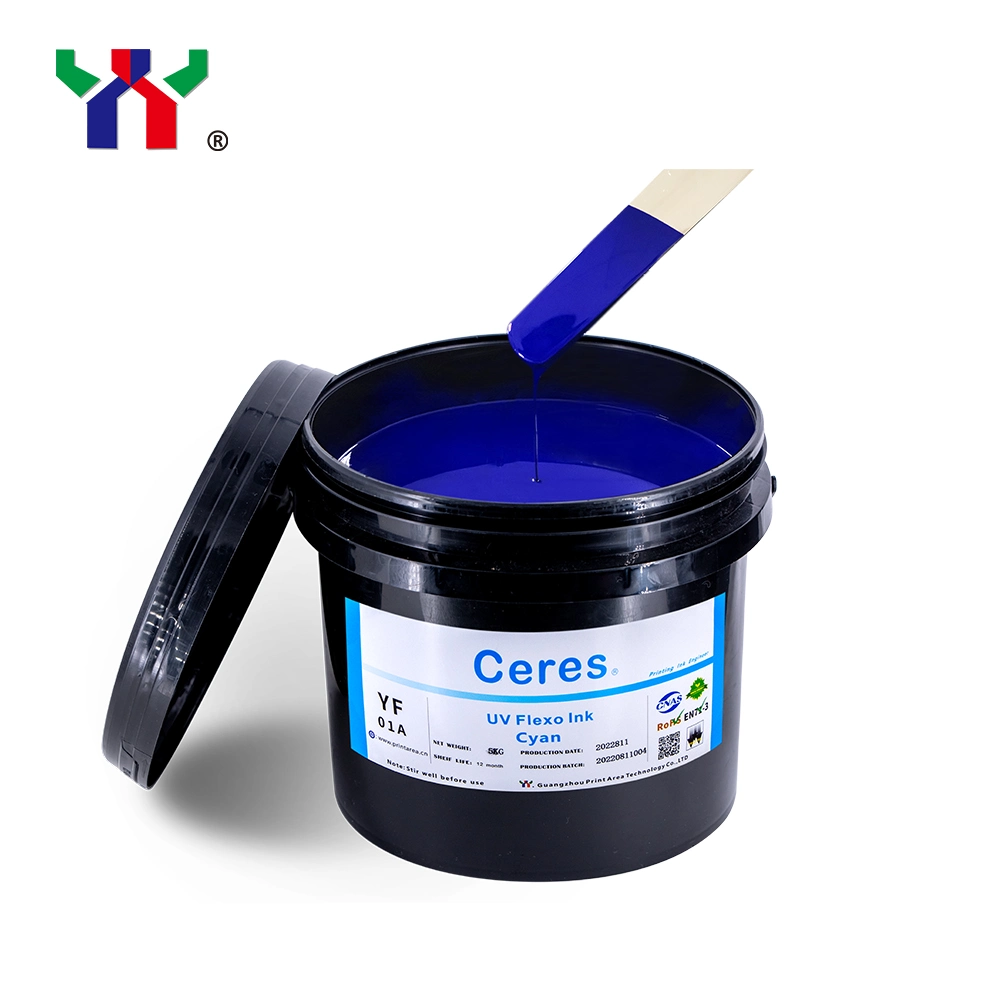 High Quality Ceres Strong Adhesive Force UV/LED Flexo Printing Ink for Paper and Label Printing (PP, PET materials) , Color Cyan, 5kg. Barrel