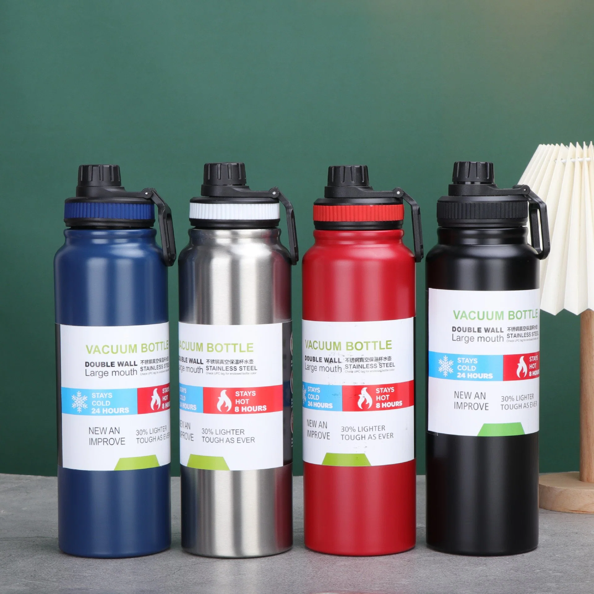 600ml 800ml 1000ml Vacuum Flask Stainless Steel Termos Heat Insulated Travel Auto Sports Gym Fitness Portable Water Bottle Double Wall Thermos with Carrying Lid