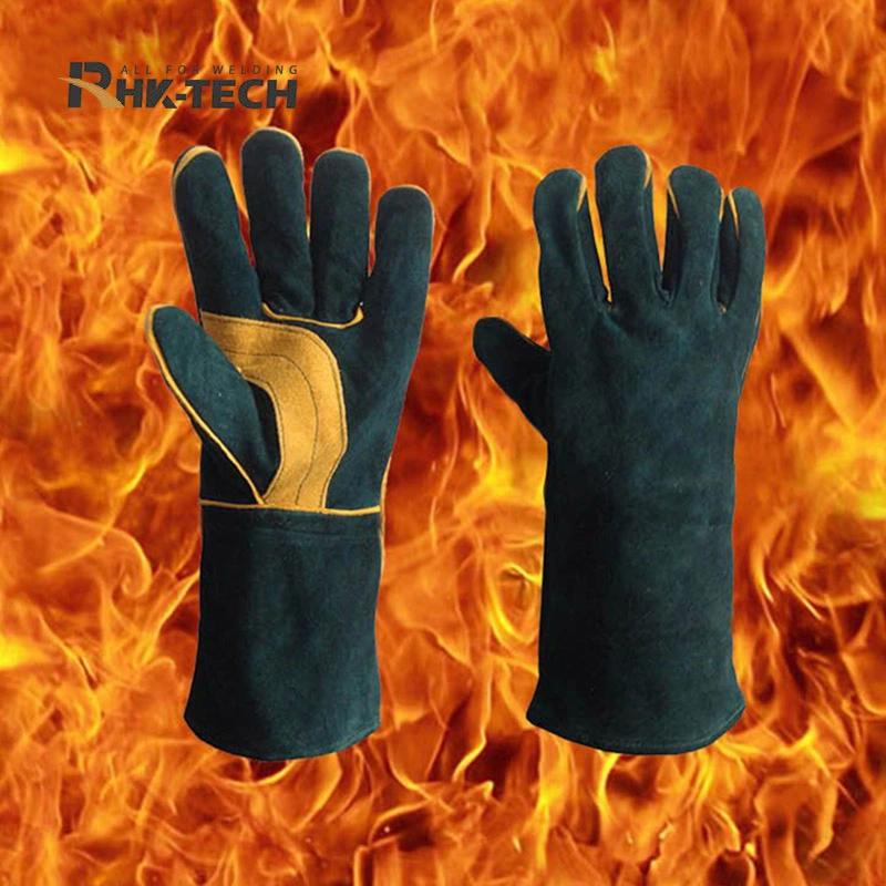 Buen precio de 14 pulgadas de cuero de vaca MIG resistentes al fuego de color verde oscuro guantes de soldadura TIG