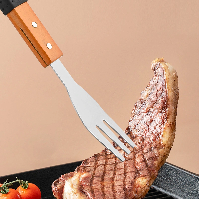 Ferramenta de combinação de BBQ Camping para exterior com forquilha de madeira em aço inoxidável Conjunto de ferramentas para churrasco