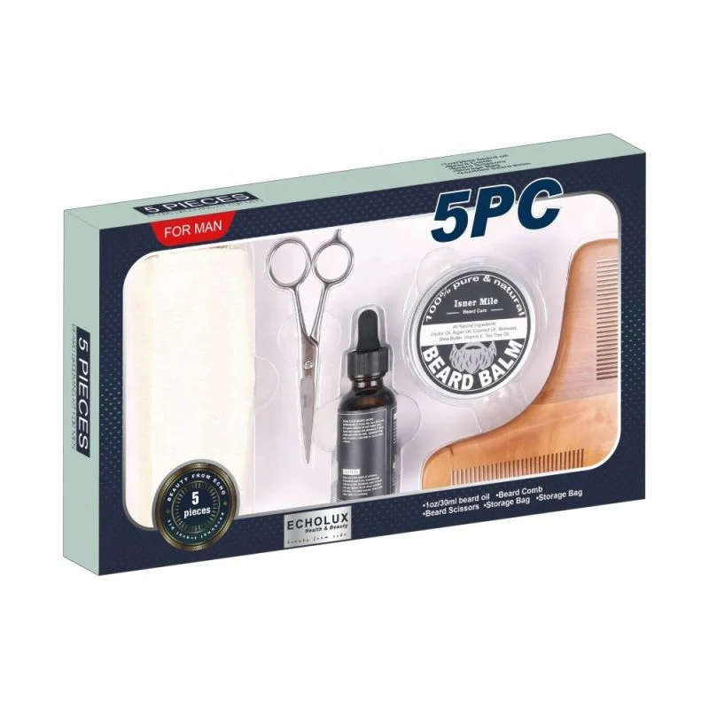 5 PCS Scissors Beard Cleaning Agent Storage Bag 102/30ml Beard Oil Beard Comb Men Care Set