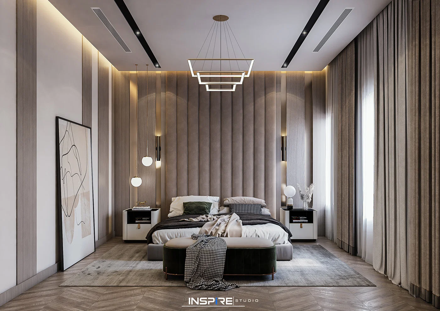 Design de luxe 100% coton lin tissu Meubles de chambre simple double Ensemble de chambres d'hôtel avec lit queen size