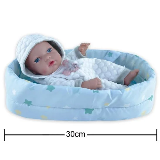 New High Quanlity Toy 12" Toddler Different Models Cute Baby PVC Doll in 30cm Fabric Cradle