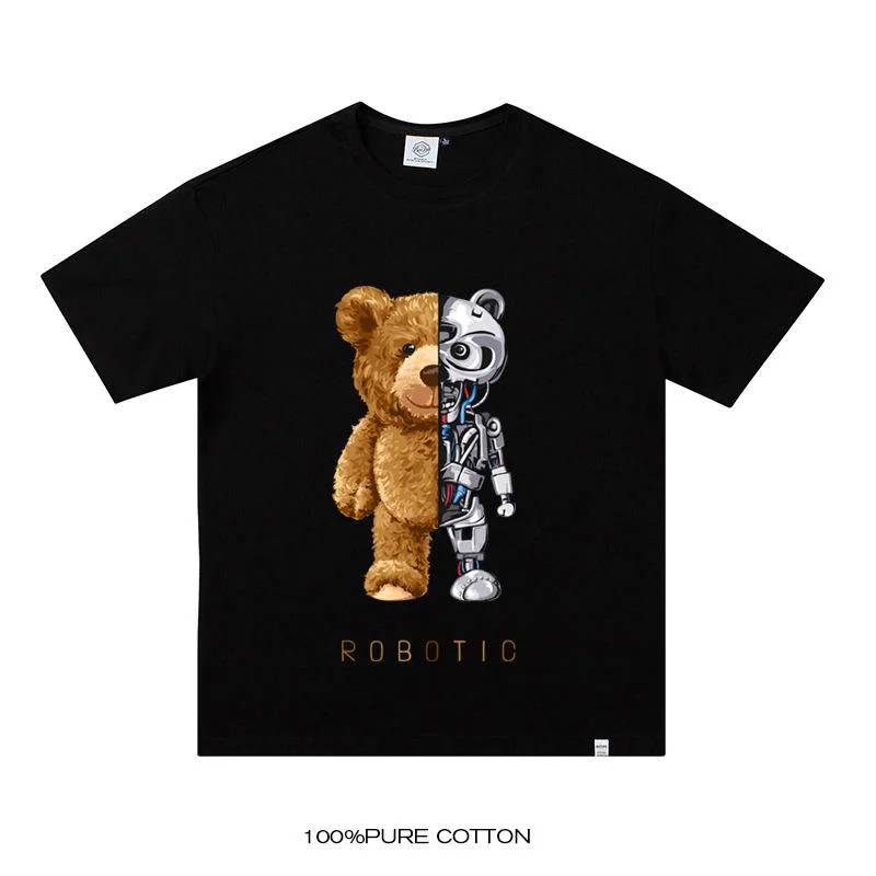 Custom Printing Logo Embroidery Summer 100% Cotton T Shirt Teddy Bear Robot Graphic T Shirts Oversized Hip Hop Short Sleeve Tops Tee Shirt for Men