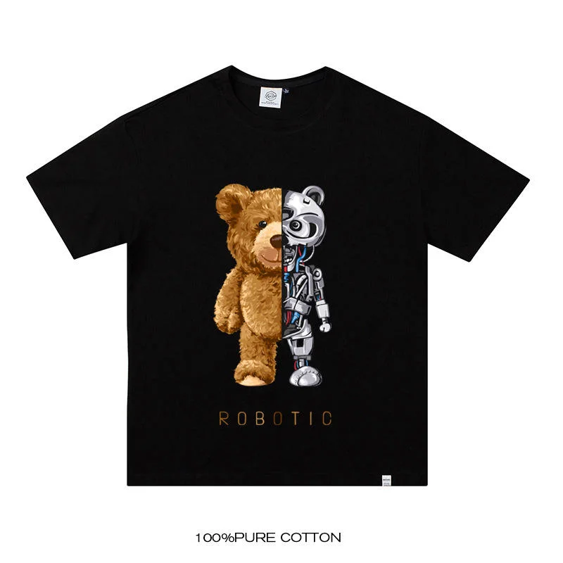 Logotipo de impresión personalizada bordado Verano 100% algodón Teddy camisa Camisetas con estampado de robots Bear de manga corta de Hip Hop Camiseta TOPS para hombre