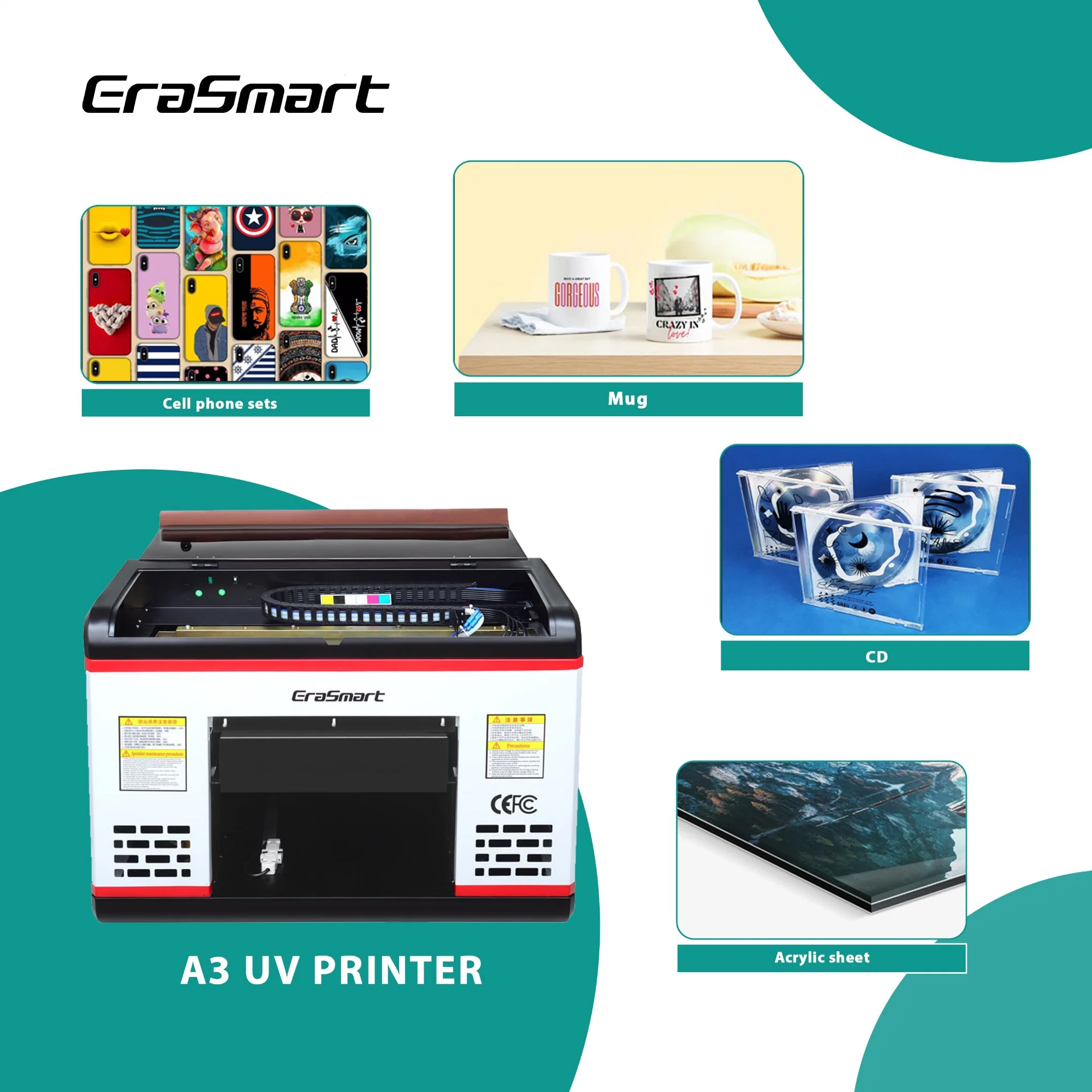 Impressora UV Erasmart Mini Inkjet LED A3 Inkjet Flatbed Imprimir para copo cilindro de Cama plana cartão acrílico garrafa Telefone Impressão de caso