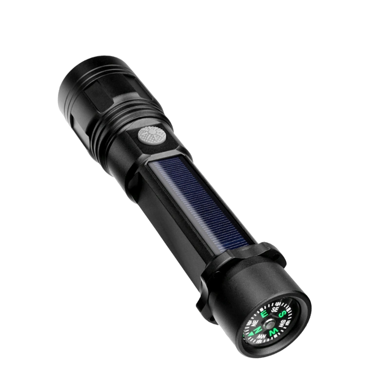 USB Rechargeable T6 LED Torch Lamp Multi-Function Zooming Adjustable Flash Light with Compass 3.7V 2000mAh Solar Aluminum Zoomable Flashlight