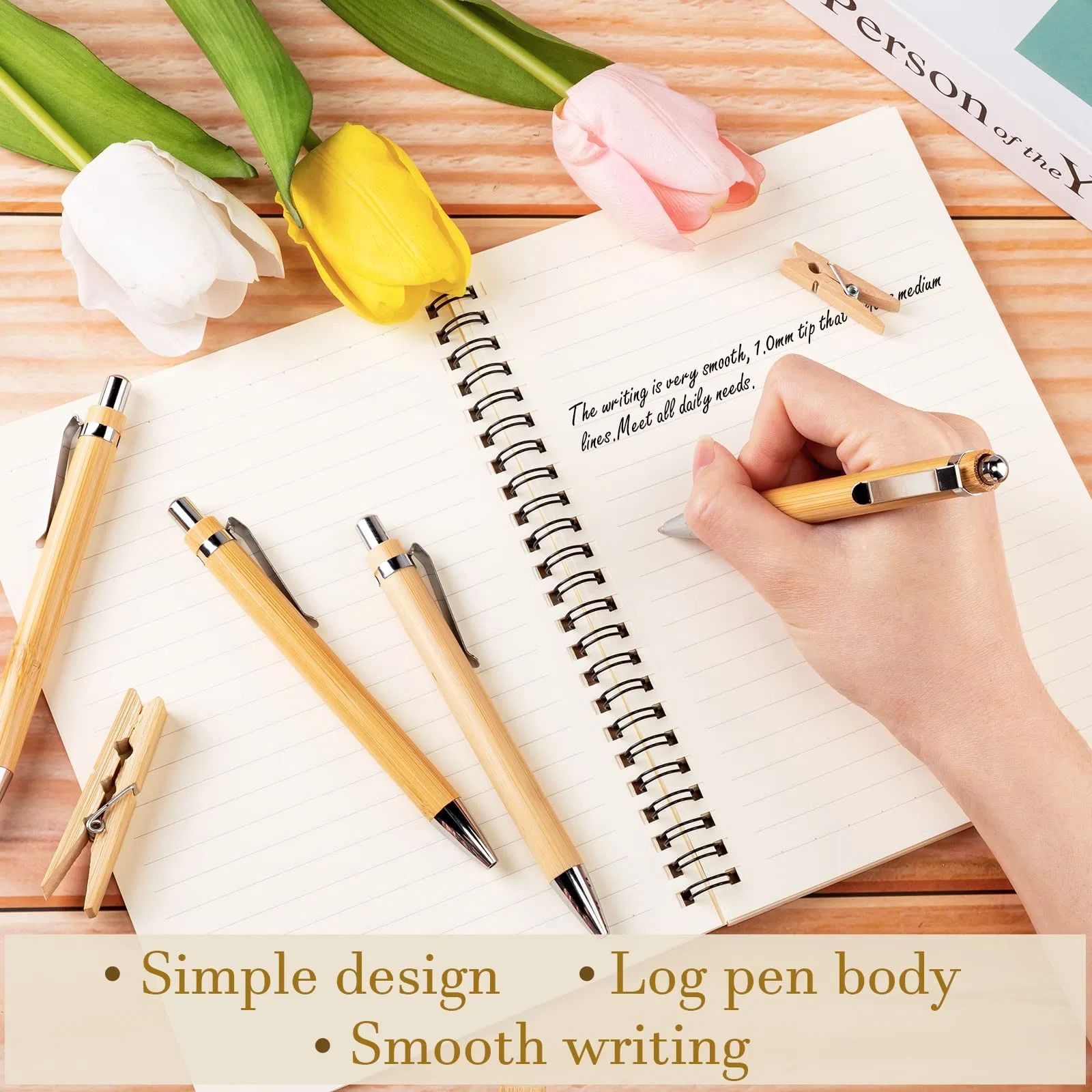 Bamboo Pen Stylo à bille rétractable 1 mm d'encre noire stylos en bois durable