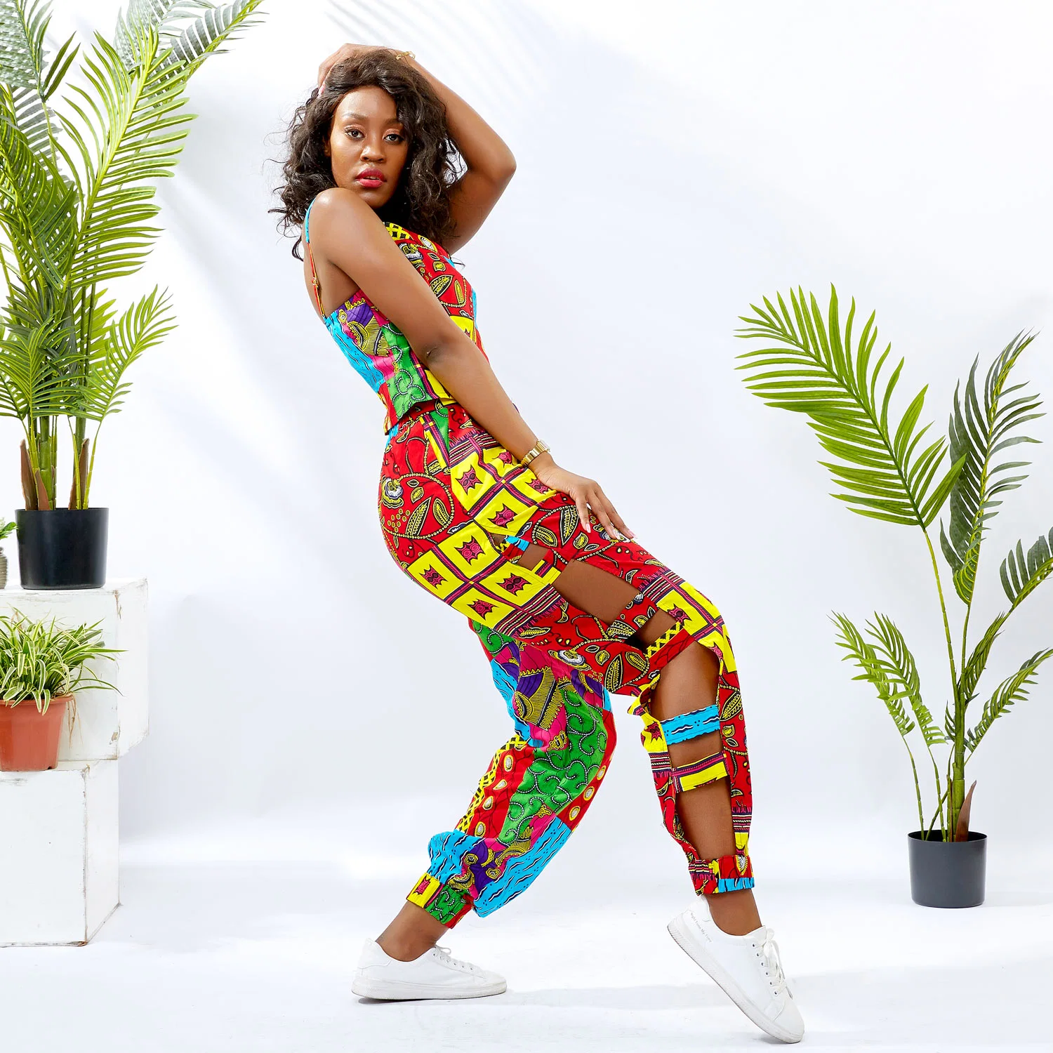 2021 Summer High-Quality Pure Cotton African Women Set Sleeveless Top and Side Hollow out Pants 2 Pieces Suts