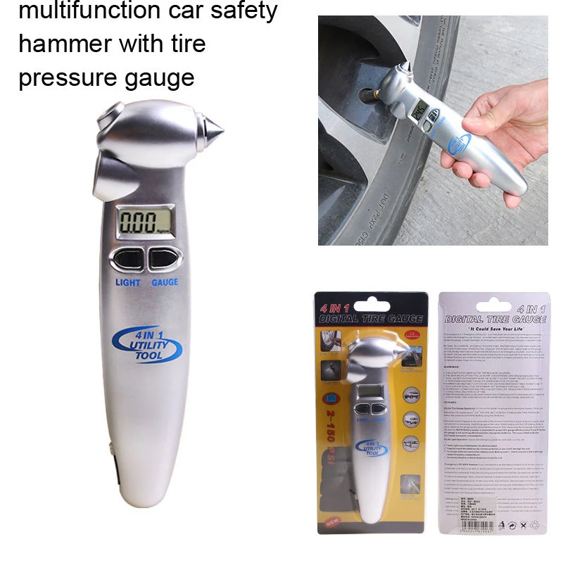 Multifunction Portable Emergency Tool Kit Safety Hammer Steel Car Tire Pressure Gauge