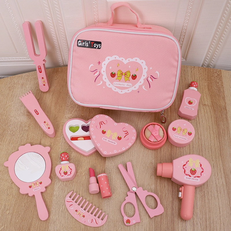 Factory Selling Pink Cosmetic Bag Wholesale/Supplier Comb and Other Accessories Toy Pretend Play Makeup Series Wood Toys for Girls Gifts