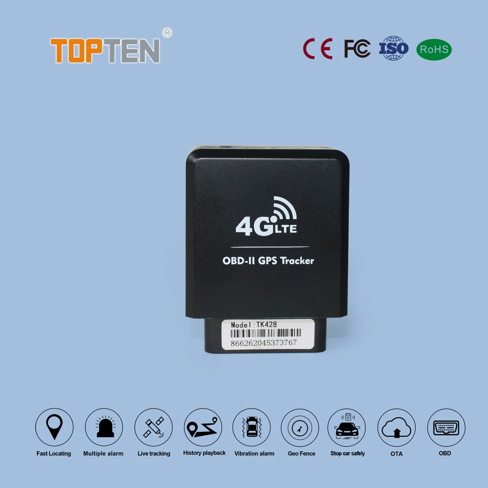 Topten 4G LTE GPS Tracker OBD Car Tracking Device, Read Odometer, Speed, Fuel Consumption, Ota Function (TN)