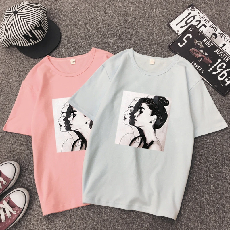 New Fashion T Shirt Woman Spring Summer Girls Print Short Sleeve O Neck Cotton Spandex Women Top Slim Fit Soft Women Tshirt