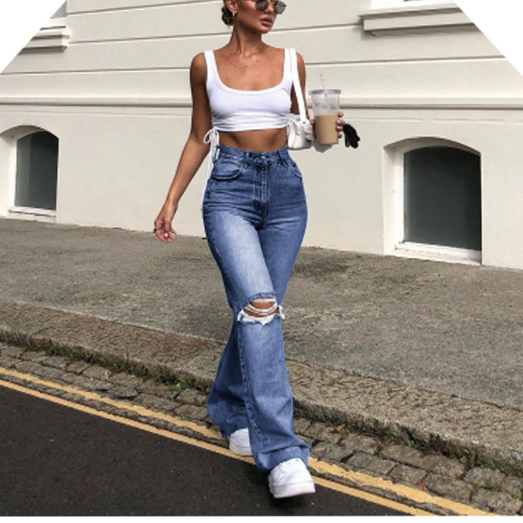 Hot Sale Summer Fashion Women Denim Pants Wholesale Custom Ripped Mom Fit High Street Wear Solid Jeans