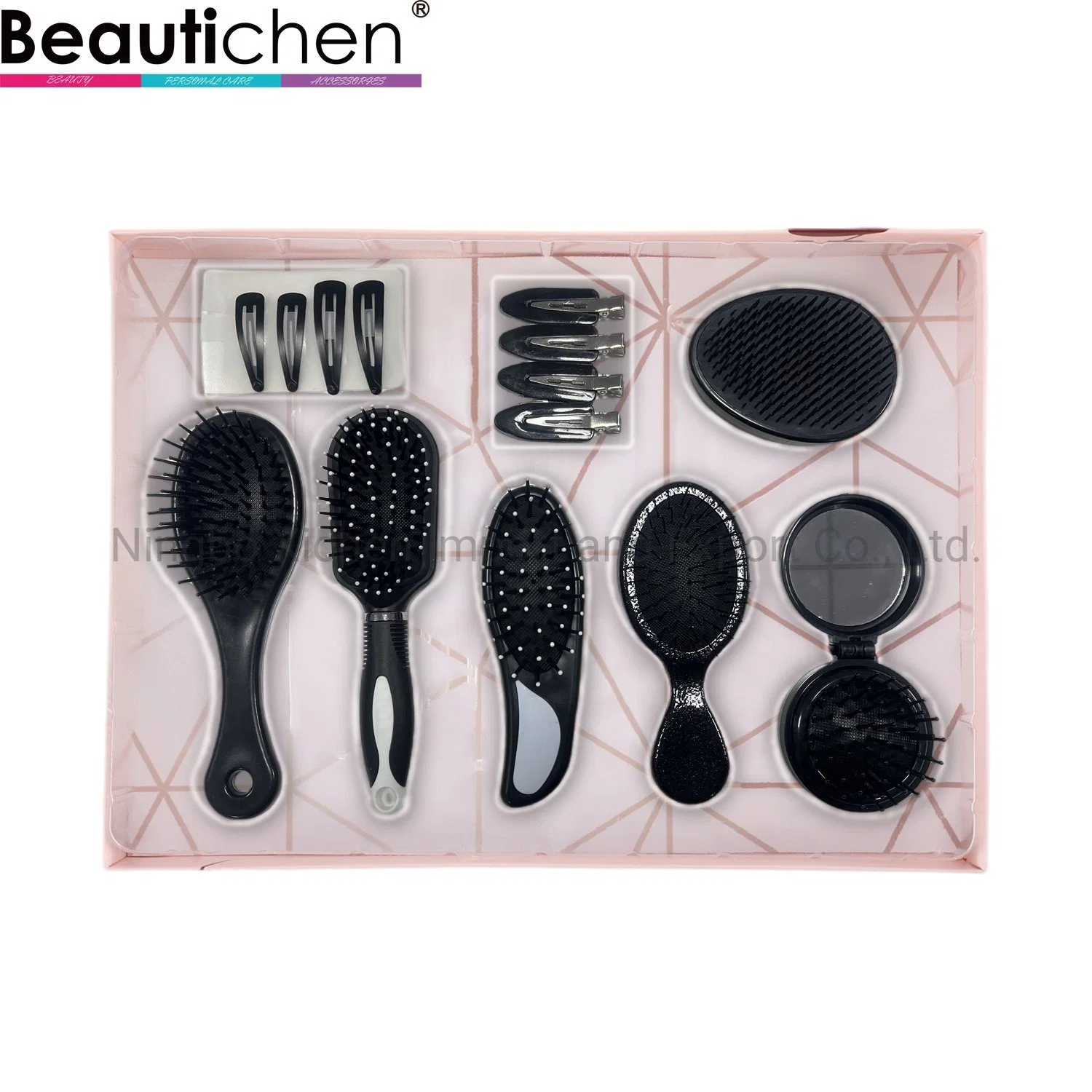 Conjunto de oferta Beautichen Black com escovas de cabelo, escovas de cabelo dobráveis com espelho e clipes de cabelo 8 em 1 conjunto de escovas de cabelo Novelty