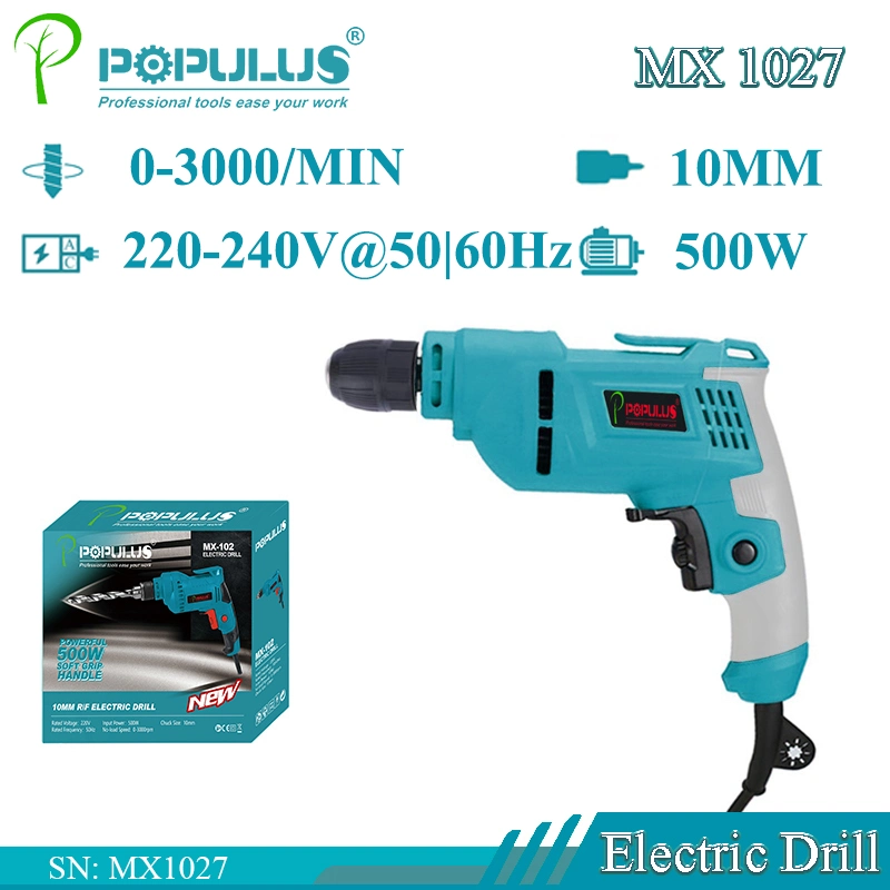 Populus Industrial Quality Electric Drill Power Tools 500W/3000rpm 10mm Electric Tool Drill with Soft Grip Handle for Mexican Market
