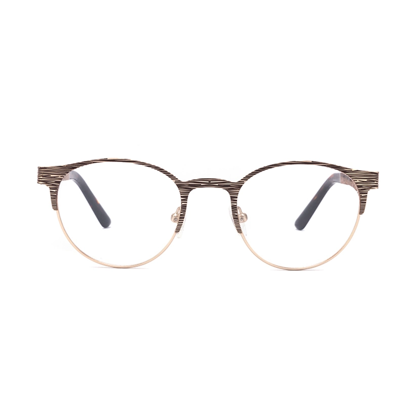 Round Rim Eyebrow Metal Stainless Steel Vintage Vogue Fashion Wood Wooden Bamboo Temple Acetate Tip Eyeglasses Optical Frames Eyewear