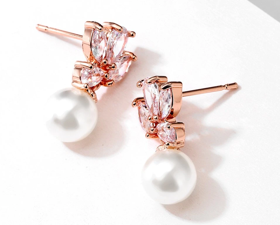 Rose Gold CZ Pearl Stud Earring for Brides, Bridal Wedding Earring, Fashion Earring for Women