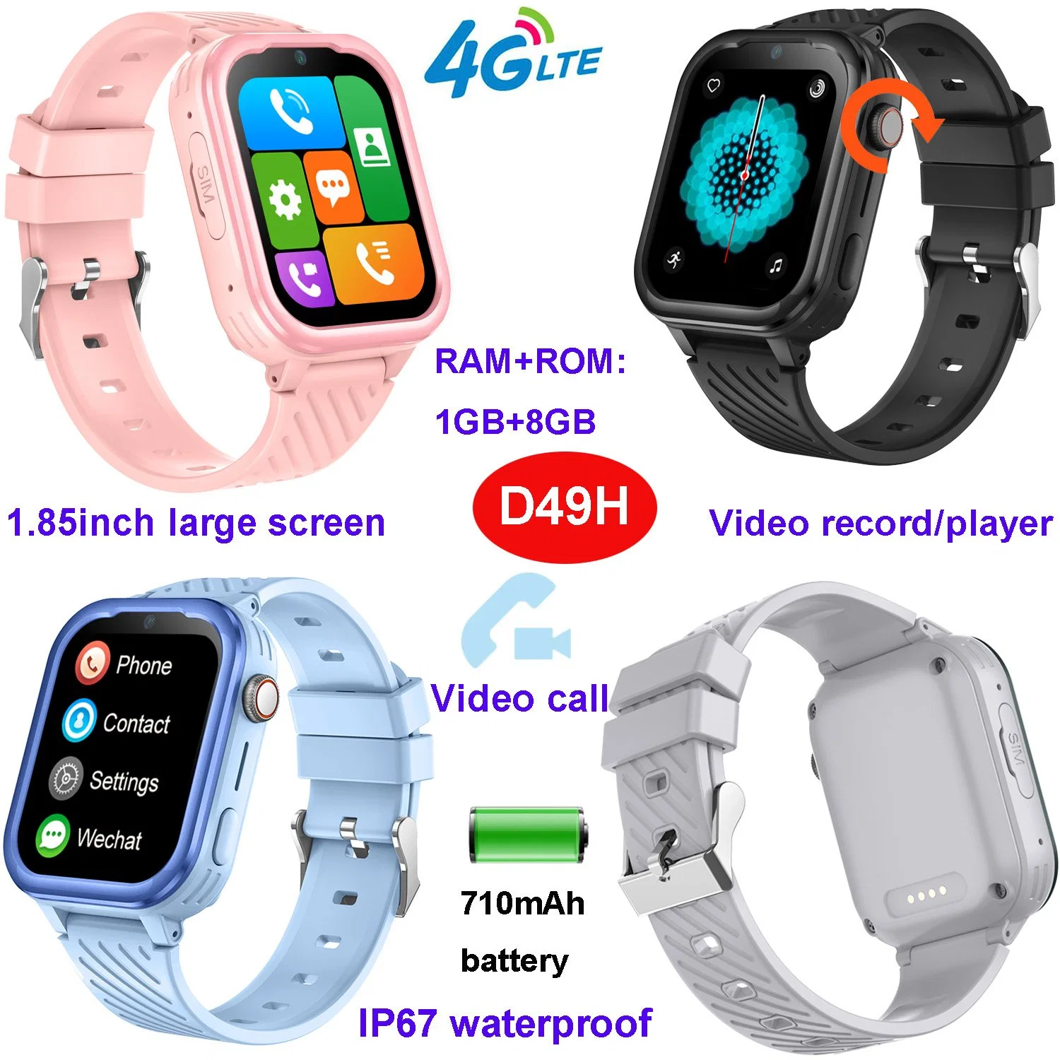 New developed 4G waterproof digital Kids Children Mobile Phone GPS Tracker Smart Watch with video call for safety monitoring D49H