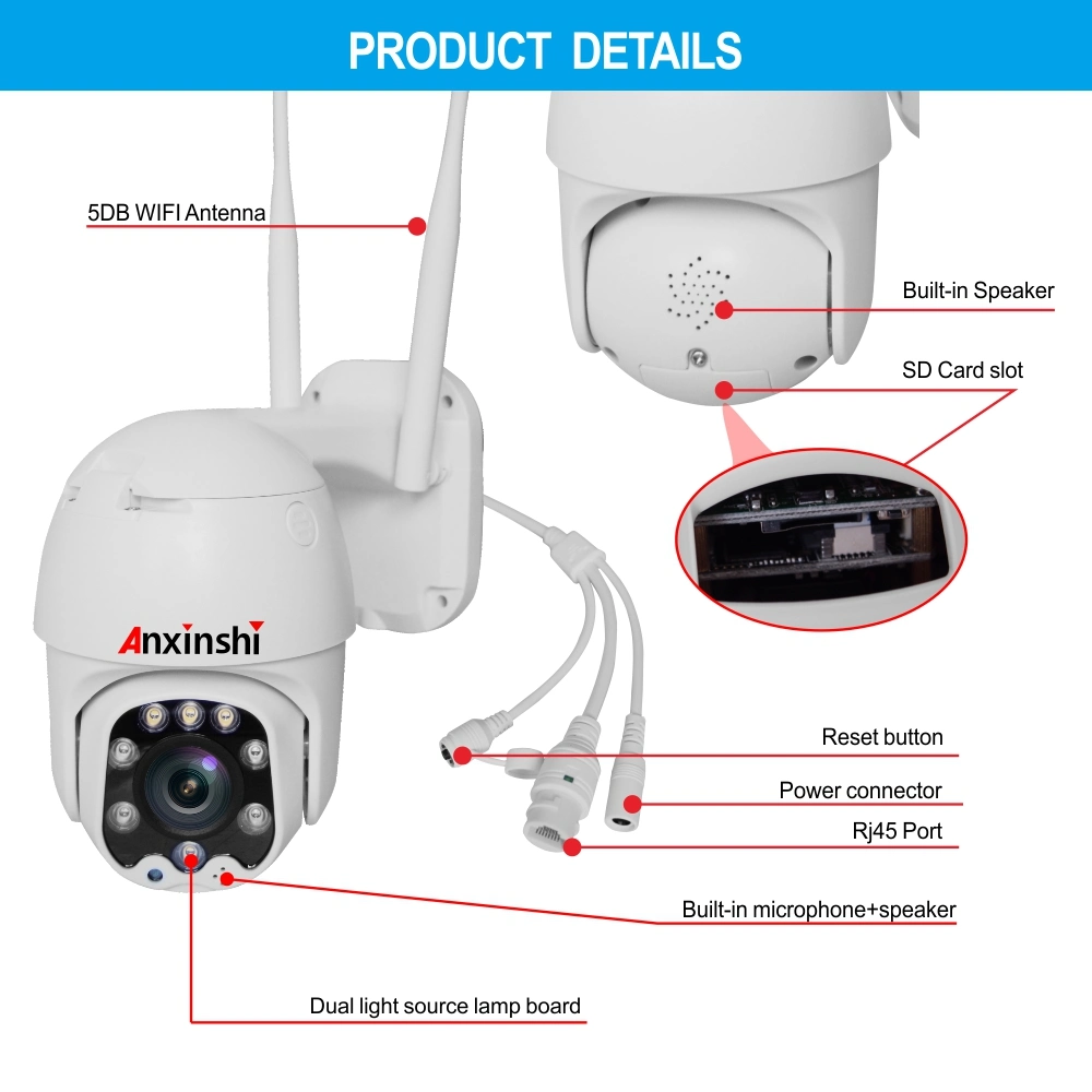 Dos formas de la voz de alarma de detección de movimiento de 2,0 MP EXTERIOR CCTV domo PTZ de Alta Velocidad de la cámara WiFi