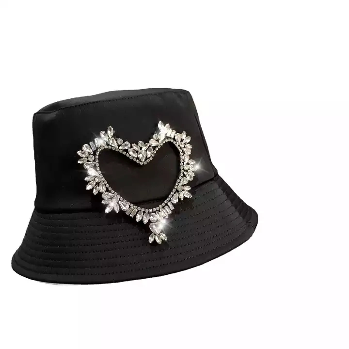 French Style Light Luxury Show Fisherman Hats Fashion Heavy Industry Heart Shape Rhinestone Diamond Bucket Hat