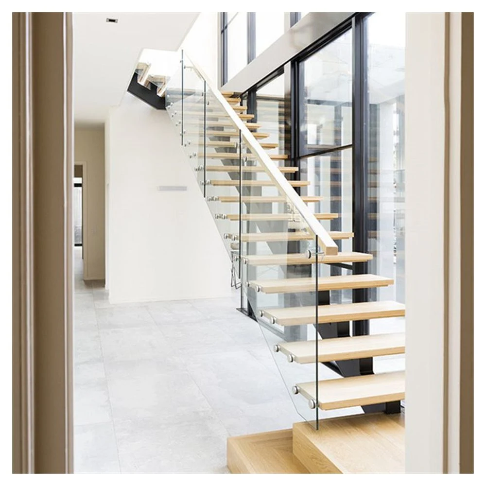 Custom Carbon Steel Straight Staircase with Wood Steps Glass Railing