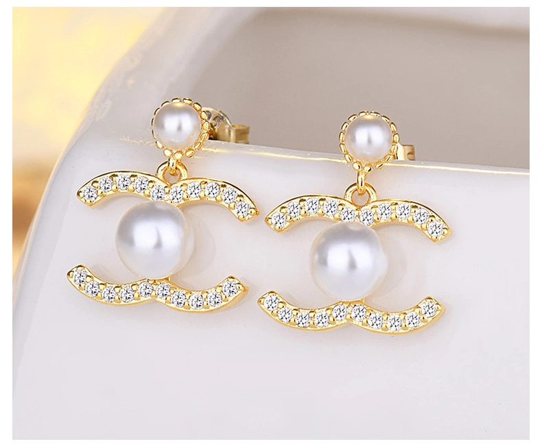 Simple Pearl Earrings Temperament Gold Color Set Diamond Letter Earrings