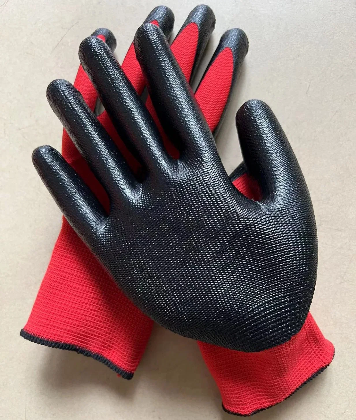 Red Polyester Knitted Black Nitrile Palm Coating Labor Protection Gloves