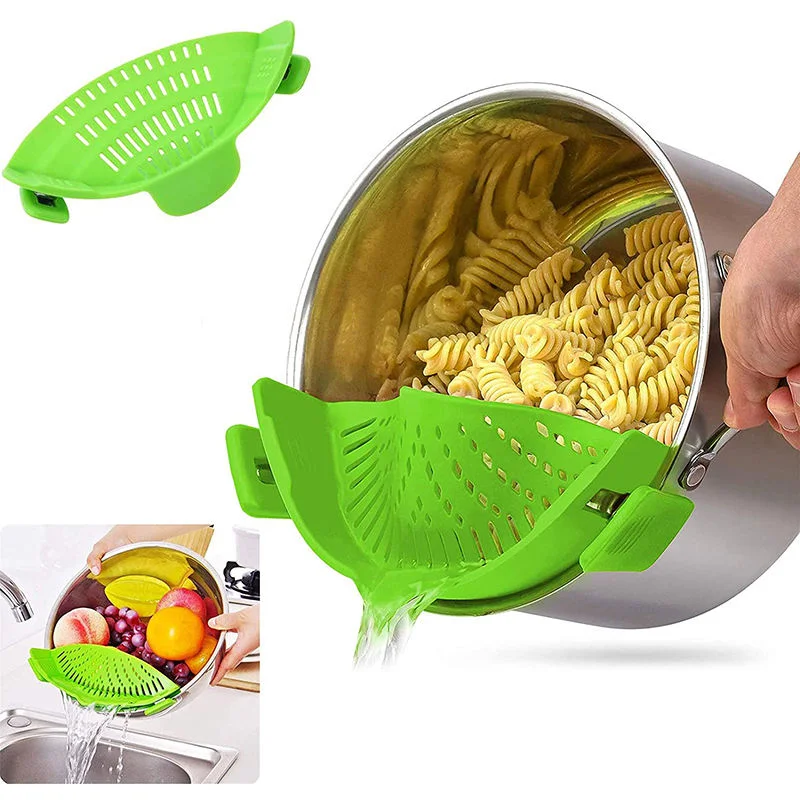 BPA Free Silicone Strainer, Clip on Kitchen Silicone Colander Fits All Pots and Bowls/