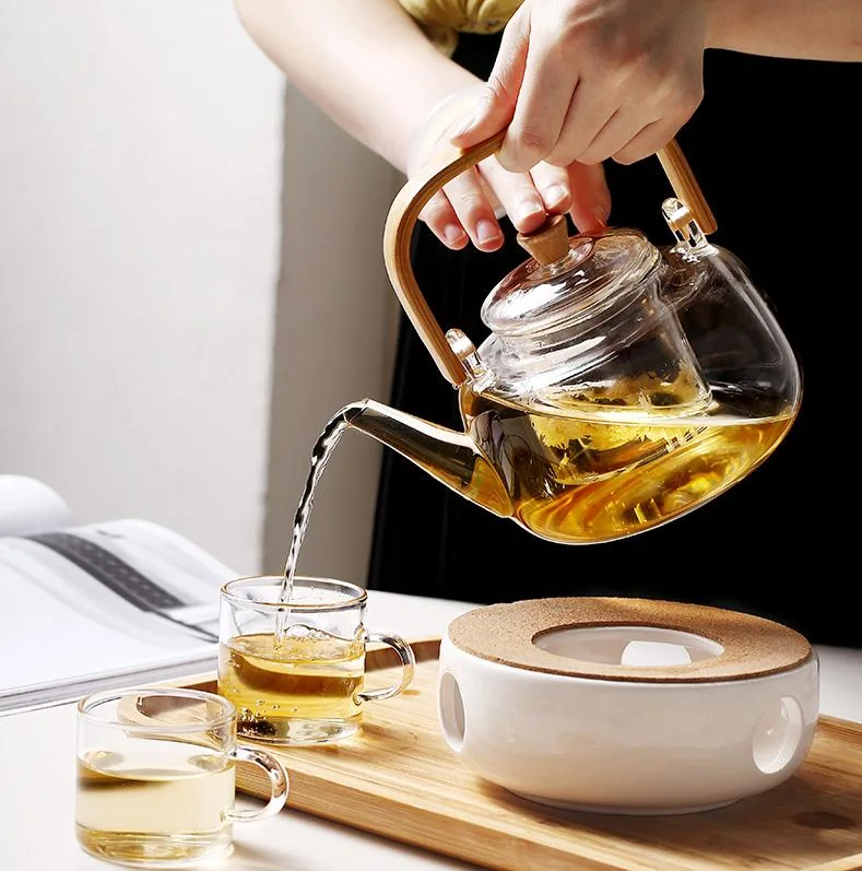 Household Thick Heat Resistant Explosion Proof Glass Tea Pot with Wooden Handle High Borosilicate Glass Teapot 1000ml
