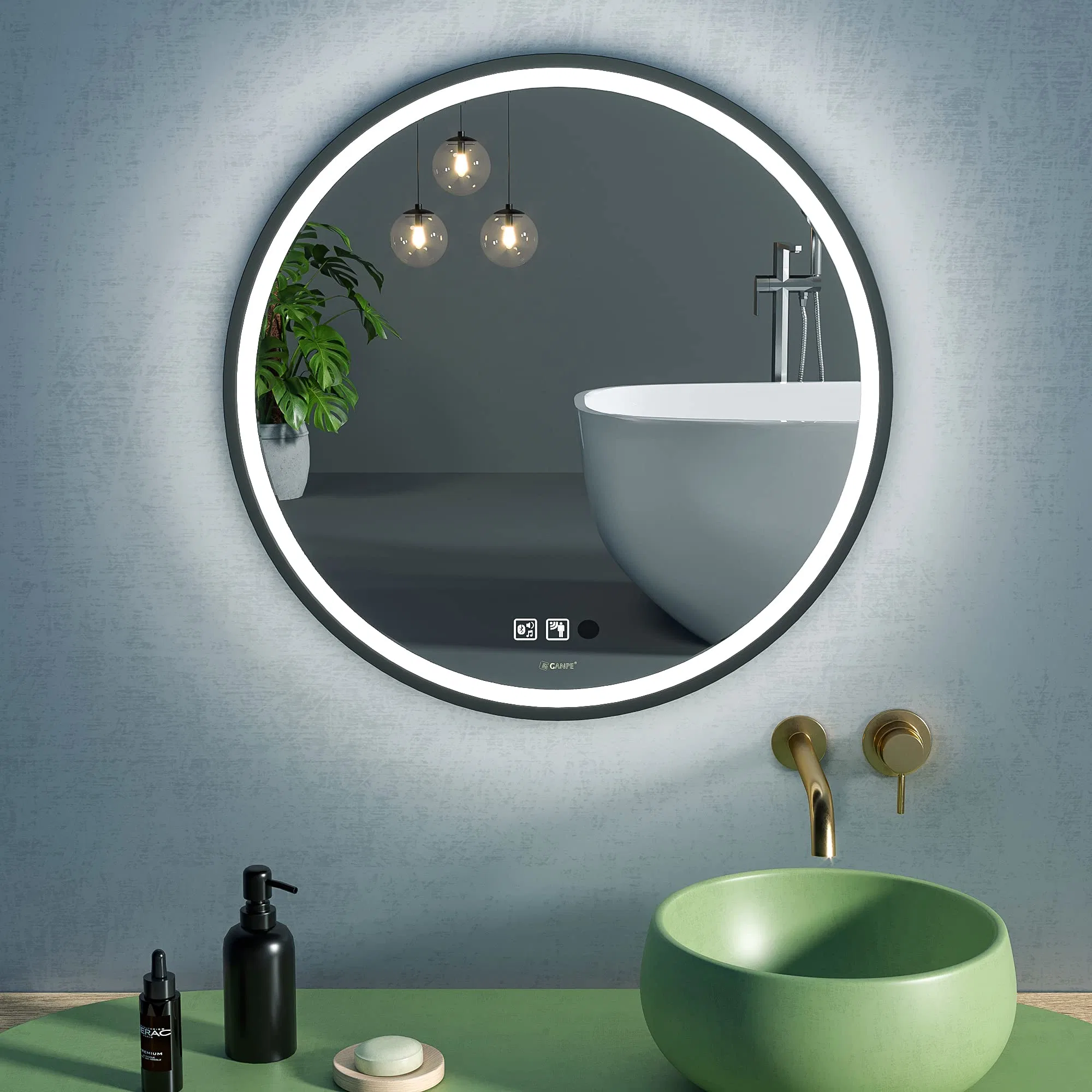 Miroir de maquillage intelligent éclairé pour la maison de forme ronde moderne avec lumières, miroir de salle de bains LED encadré suspendu au mur.