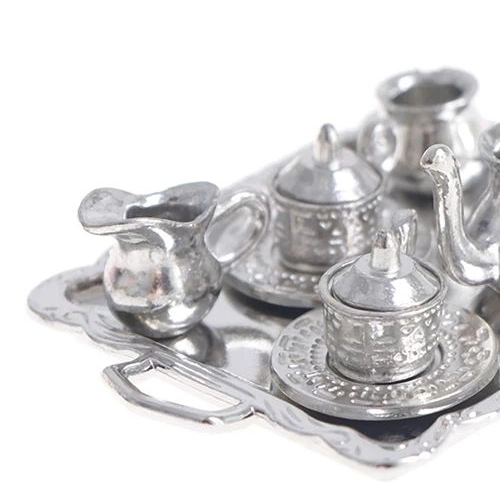 Dollhouse miniatura Plata Metal té Café bandeja vajilla juego para Decoración Dollhouse