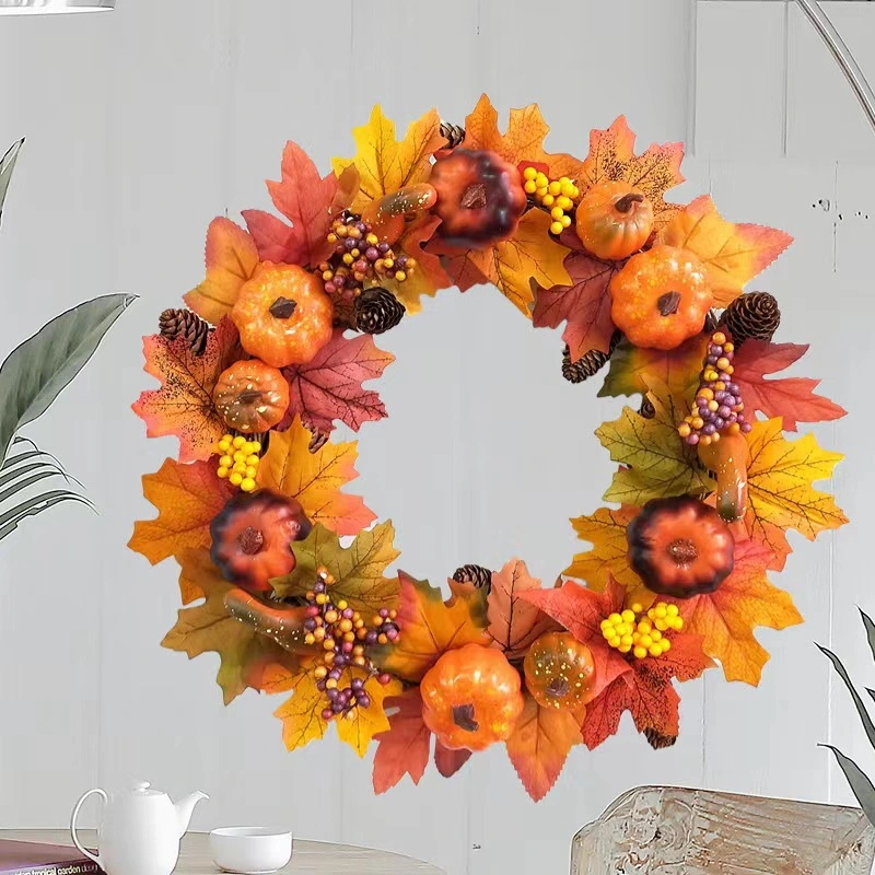 Coroa de Outono com Folhas de Bordo Amarelas e Abóbora Artificial para Colheita e Halloween.