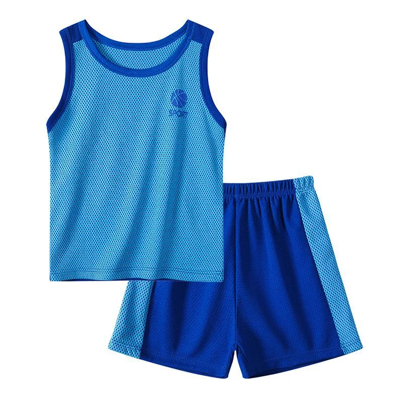 Fashionable Summer Boy Girl Clothes Suit Short Sleeve & Sleeveless Shirt Shorts 2PCS Quick-Drying Children Clothing Contrast Color Apparel Breathable Sportswear