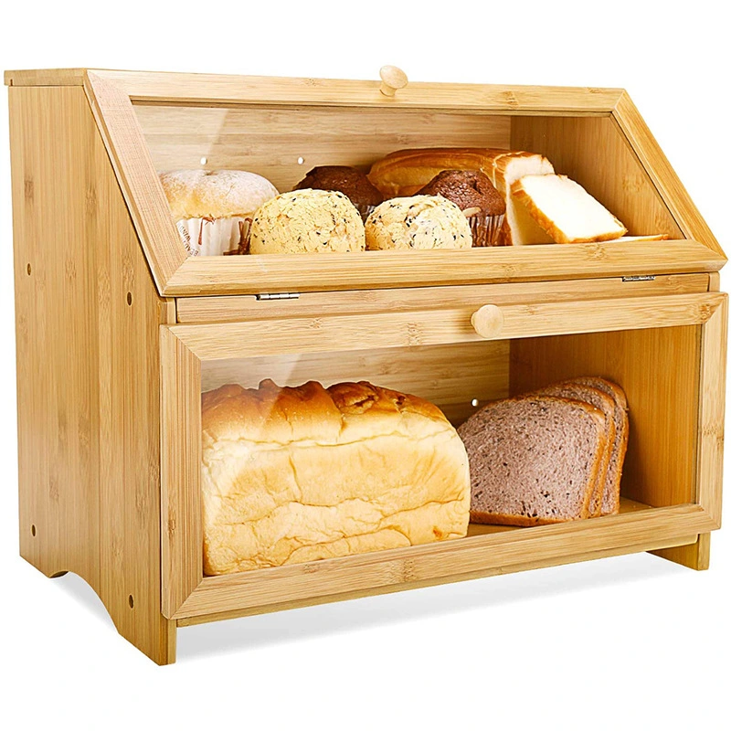 Aveco Kitchen Food Double Layer Waterproof Surface Nature Bamboo Bread Box Storage with Separate Transparent Flip Lid
