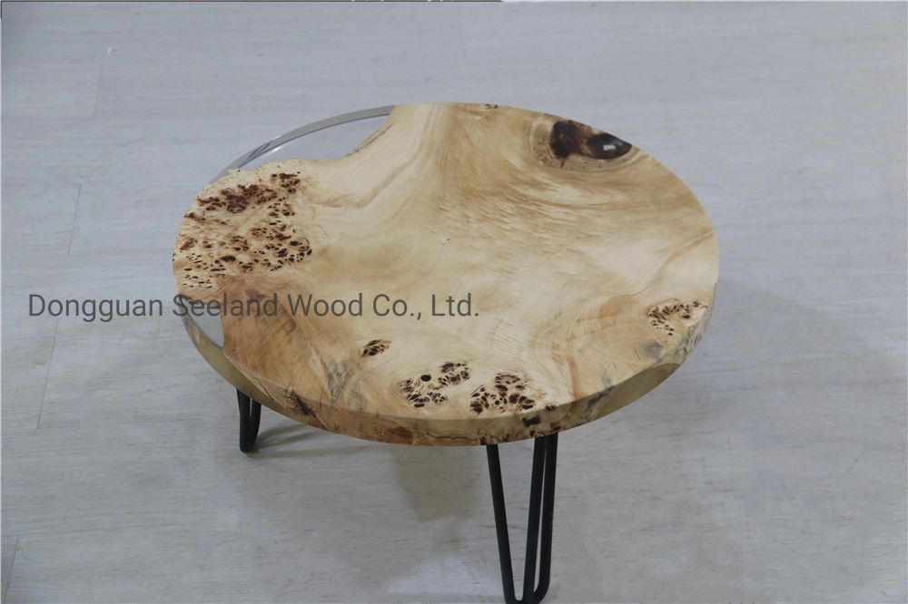 Custom Poplar Burl Wood Texture Epoxy Round Coffee Table for Modern Furniture