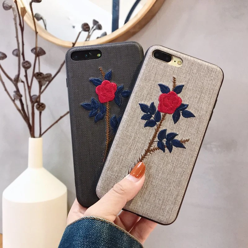 Caso bordado para el iPhone-X-Xr-Xs-Max-Case Vintage bordado en 3D deja de flores