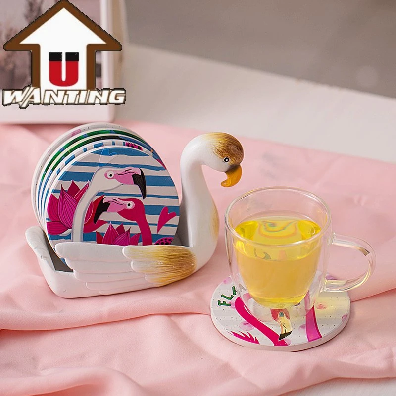 Caliente Venta resina montaña rusa bebida taza Mat Flamingo patrón personalizado Pintado