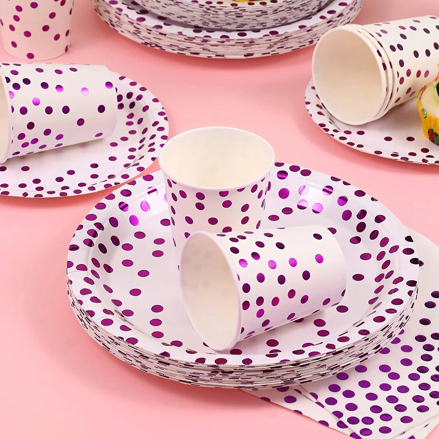 Purple DOT Party Supplies White and Purple Paper Plates and Napkins Disposable Purple Dinnerware Set for Wedding Bridal Shower Engagement Birthday Parties