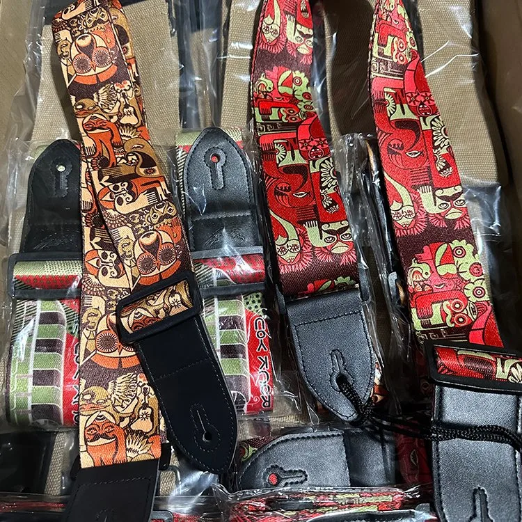 Factory Customs Adjustable Guitar Strap Leather Head Guitar Picks Colorful Printing Vintage Floral Printed Images Polyester Fiber Acoustic/Classical Guitar Belt