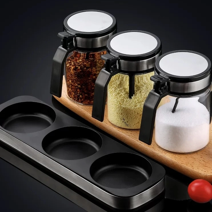 High Temperature Resistant Glass Seasoning Jar Set with Base Seasoning Bottle Stainless Steel Seasoning