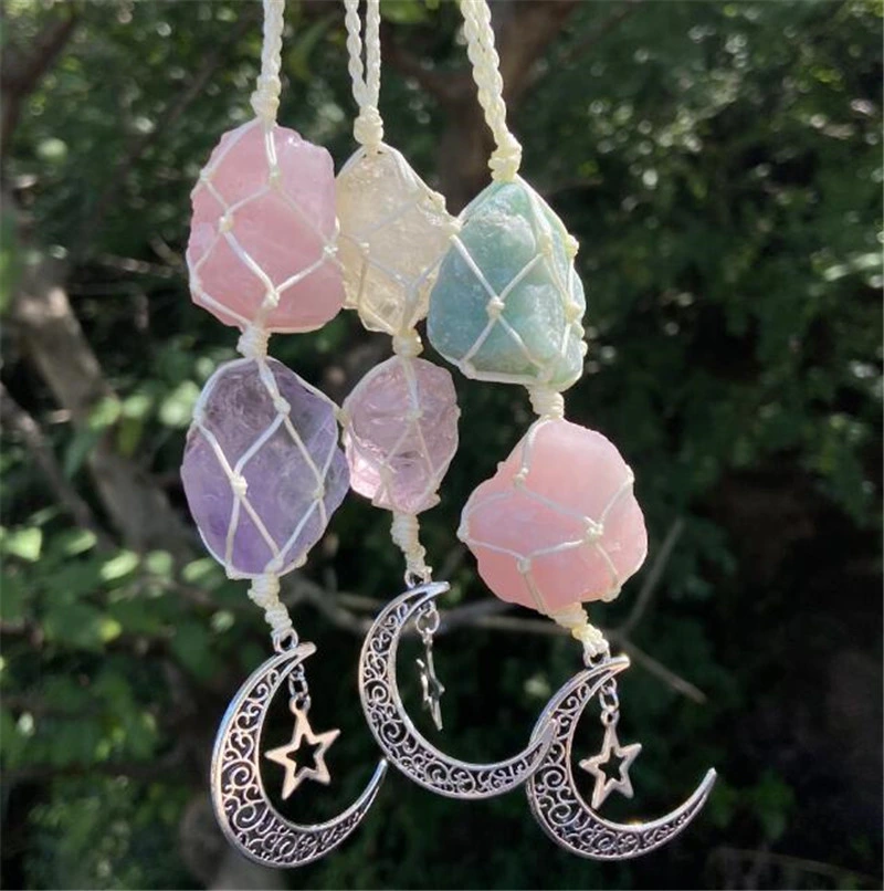 Raw Gem Stone Alloy Moon Star Pendant Car Hanging Ornament Healing Crystals Window Home Wall Diffuser Decoration