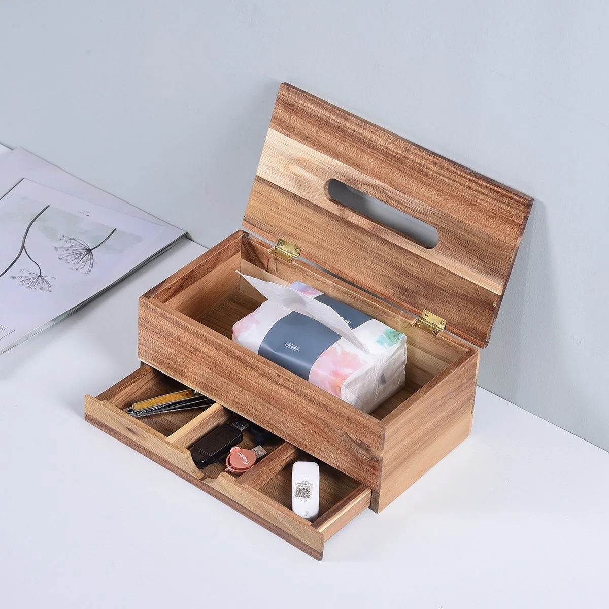 El tejido de bambú multiuso y decorativos de madera Caja Caja de tejido con cajón