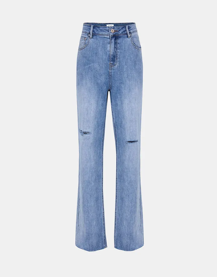 Women&prime; S Plain Raw Hem Leisure Jeans Trousers with Ripped on Front Legs Stretch Quality Denim Pants